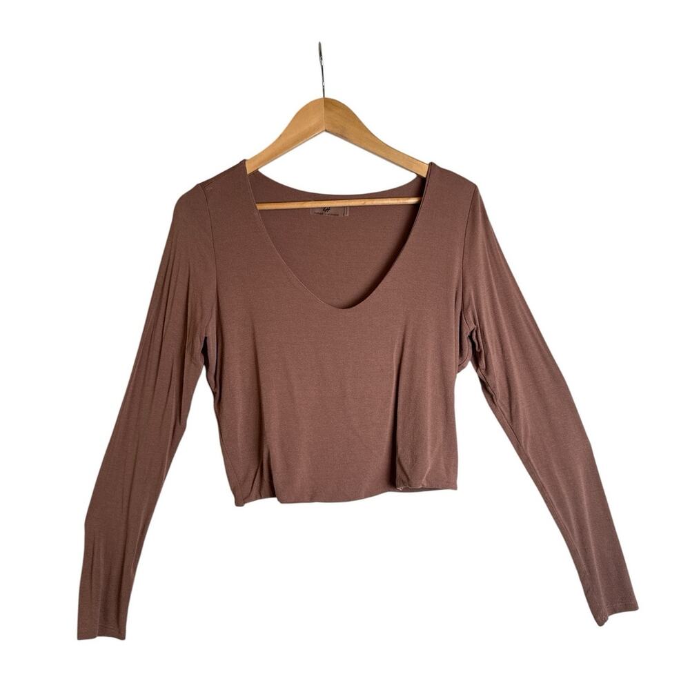 Naked Wardrobe Brown Long Sleeve Crop Top 1X Scoop Neck Stretch Minimalist